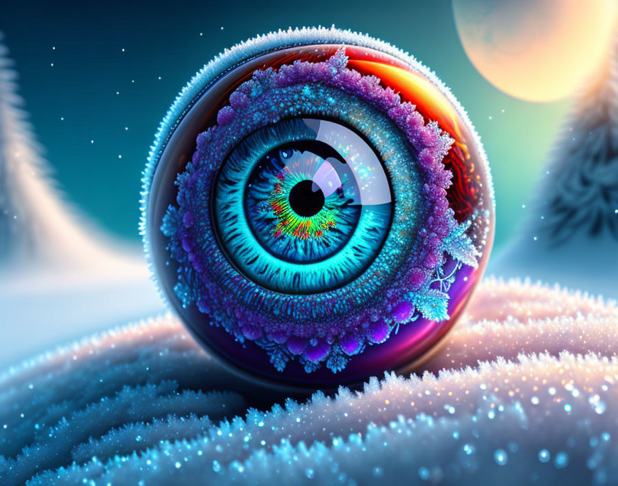 Colorful surreal eye artwork with cosmic backdrop and planets