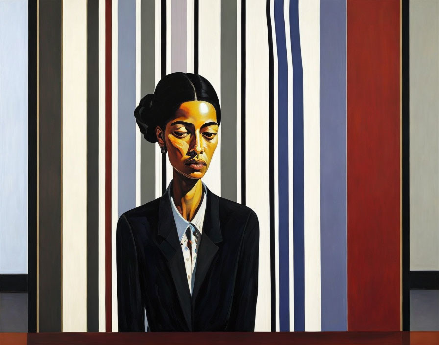 Stylized painting of woman in dark suit against red, white, and black stripes