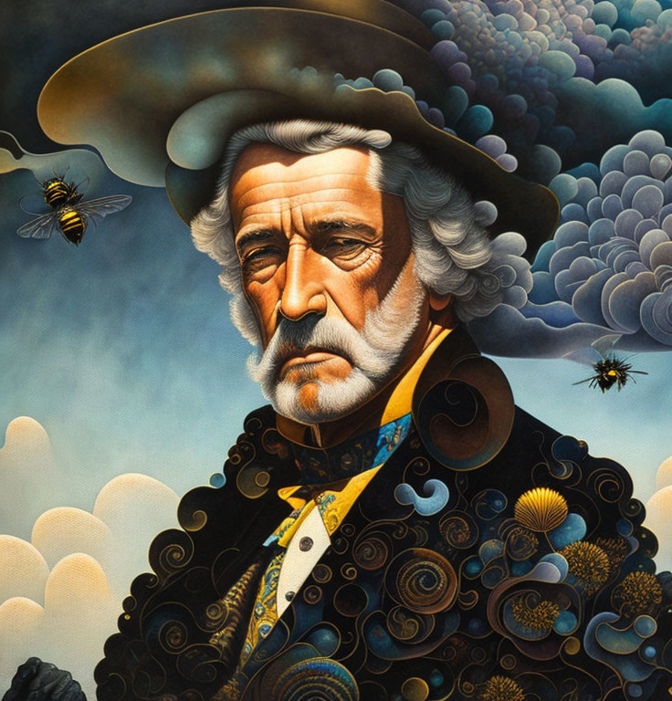 Stylized portrait of bearded man in historical clothing with bees and ornate patterns