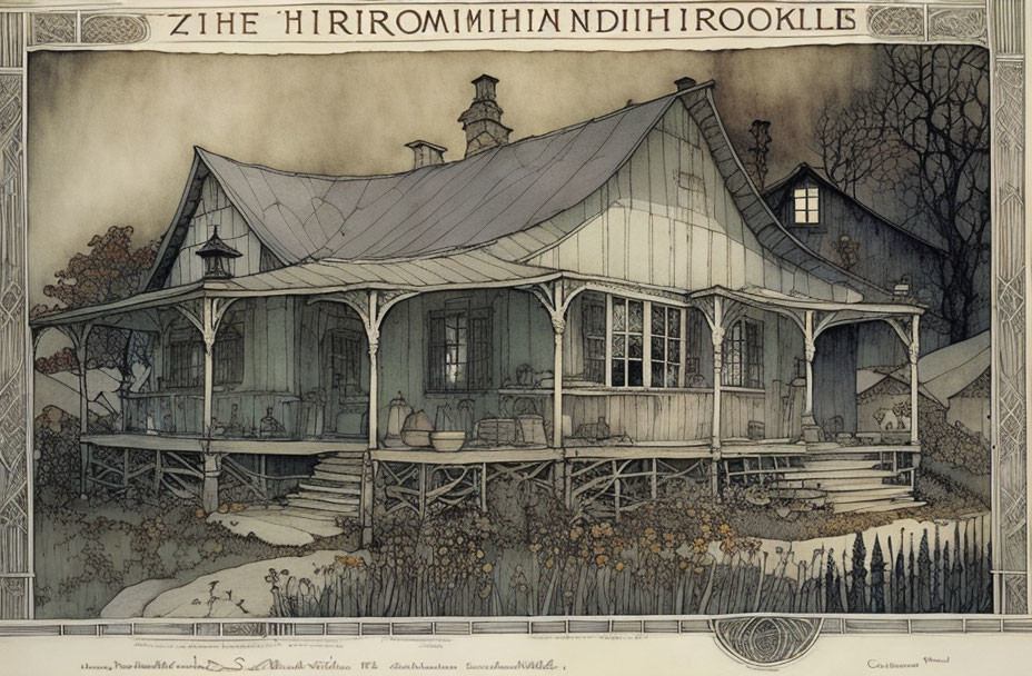 Detailed drawing of rustic house with large porch, elaborate roofing, leafless tree, lamp posts