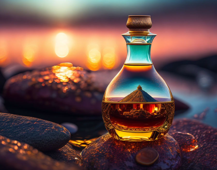 Glass Perfume Bottle on Pebbles in Golden Sunset Reflections