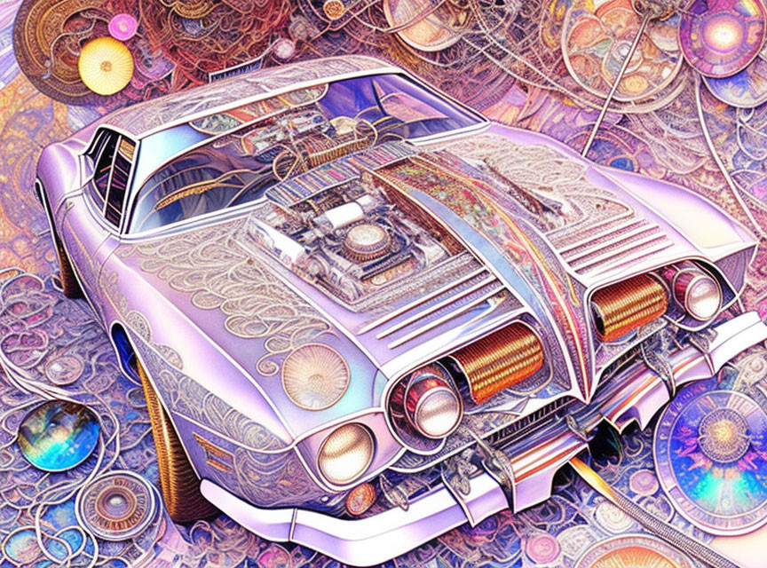 Detailed classic car illustration with transparent mechanical sections on vibrant, psychedelic background