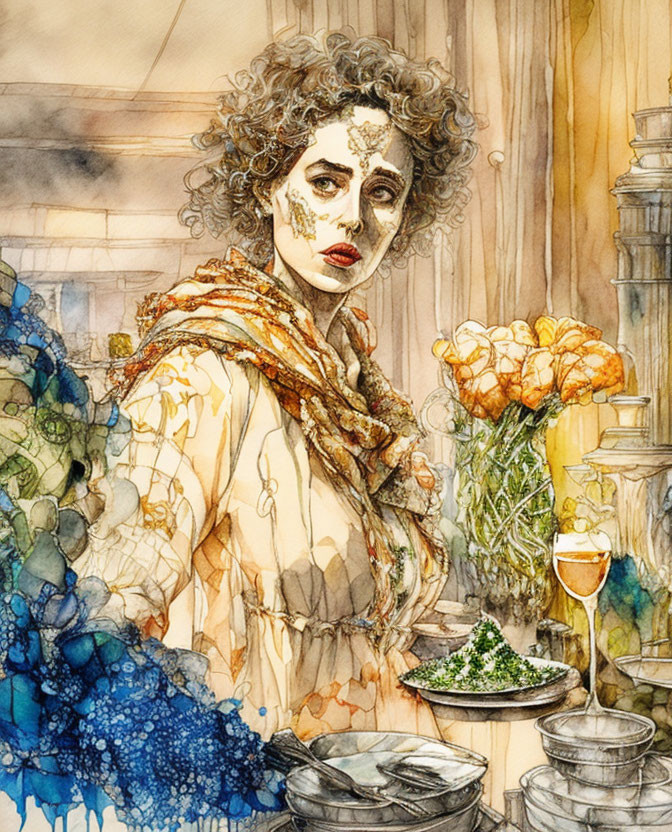 Watercolor illustration of woman with curly hair at dining table with grapes, wine, plates