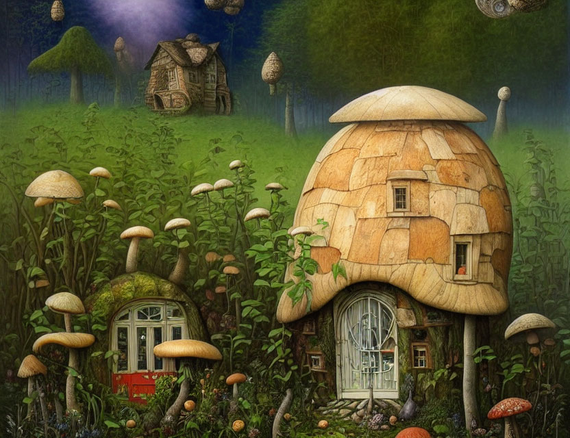 Enchanting forest scene with whimsical mushroom houses and lantern-like structures