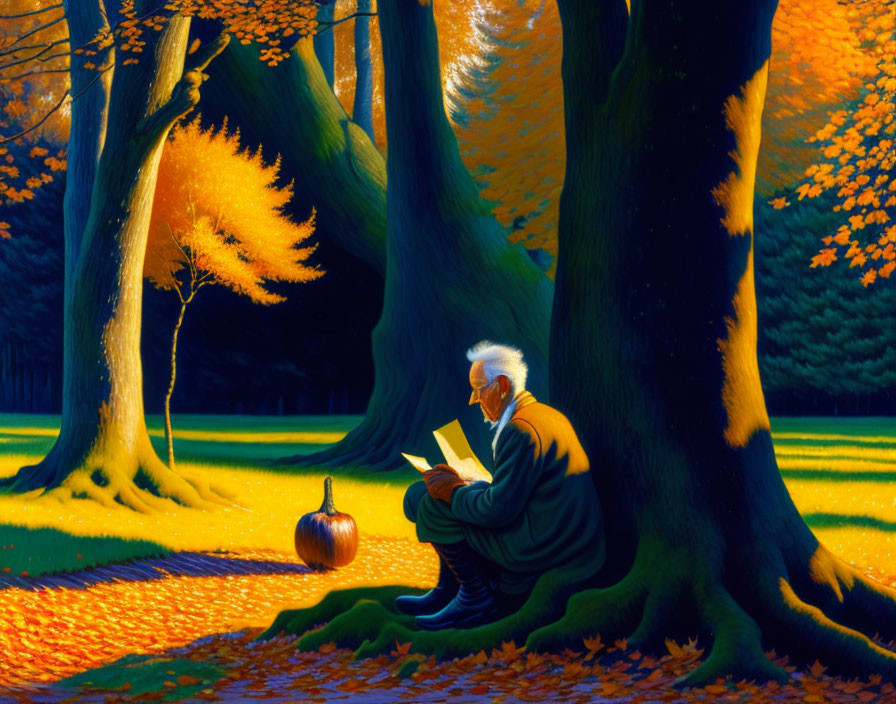 Elderly person reading under autumn trees with pumpkin