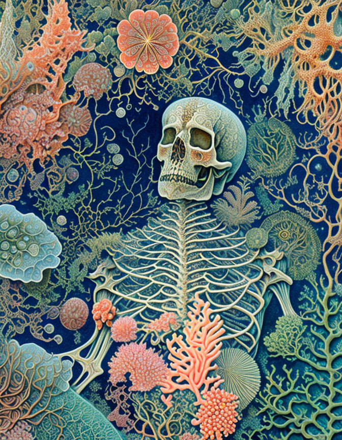 Human skeleton intertwined with marine corals and plants in surreal artwork