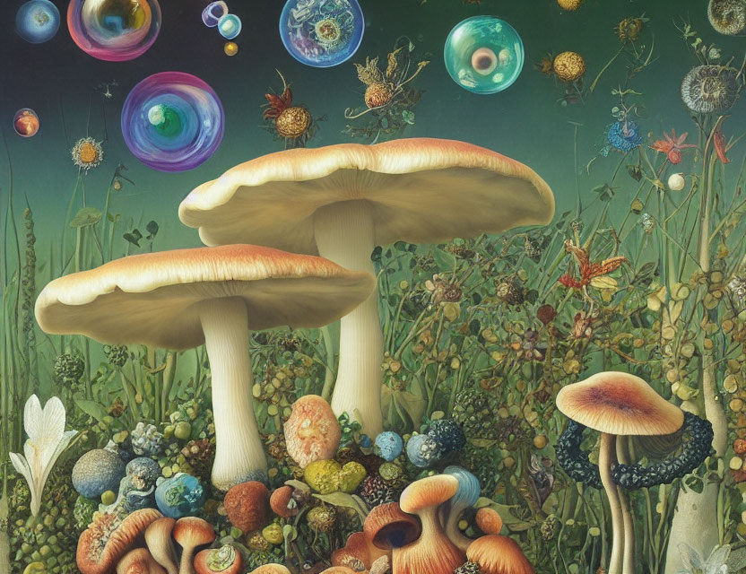 Vibrant surreal artwork: oversized mushrooms in whimsical ecosystem