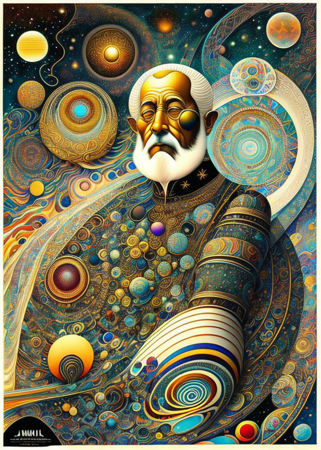 Bearded figure with celestial bodies and cosmic patterns