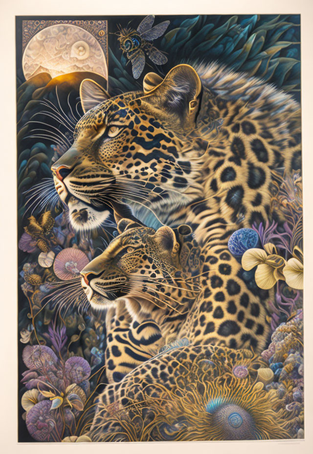 Detailed fur patterns on two leopards in colorful floral setting with stylized moon