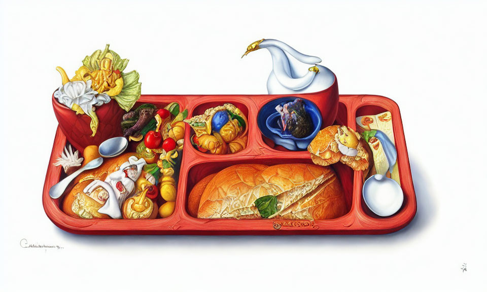 Colorful School Lunch Tray Painting with Sandwich, Salad, Fruit, and Milk