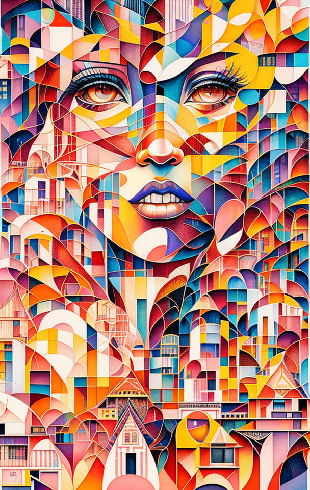 Vibrant geometric portrait of a woman with abstract patterns and architectural shapes