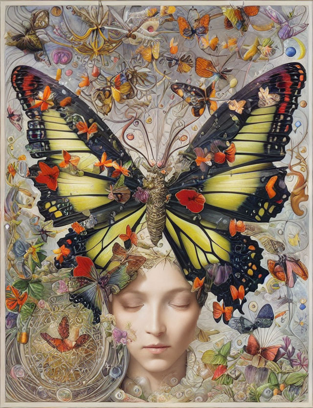 Tranquil face surrounded by vibrant butterflies and floral patterns