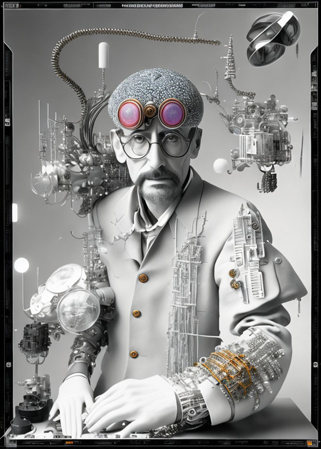 Monochrome image of man with mechanical arm and goggles