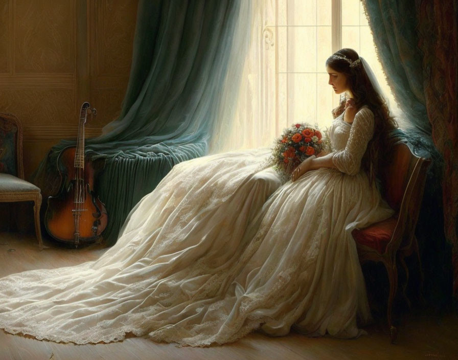 Woman in white gown with bouquet and cello by window.