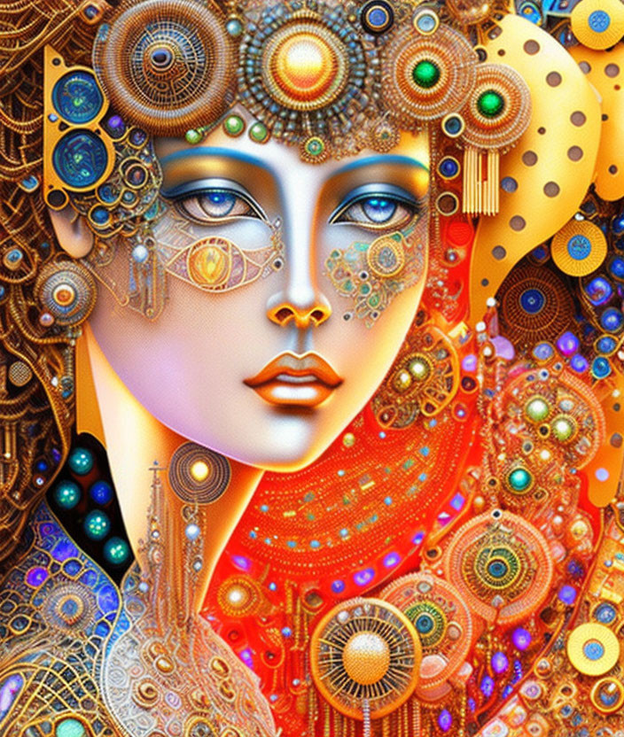 Colorful surreal portrait of a woman with intricate patterns and jewelry against vibrant backdrop