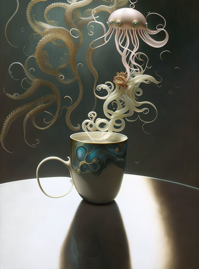 Surreal image of coffee cup with ocean waves and tentacles.