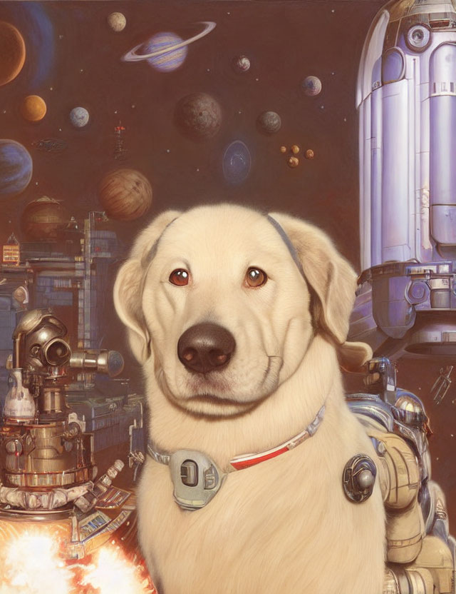 Astronaut dog in futuristic space city scene