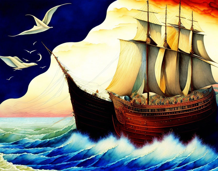 Colorful seascape illustration with sailing ship, waves, sky, and seagulls