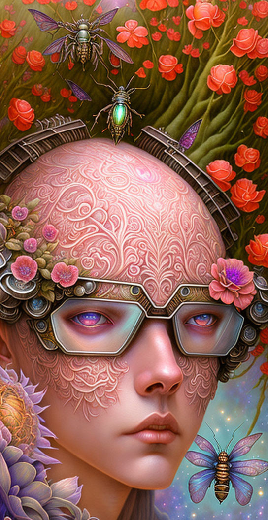 Fantasy portrait with ornate headgear, glasses, vibrant flowers, insects, and intricate skin designs