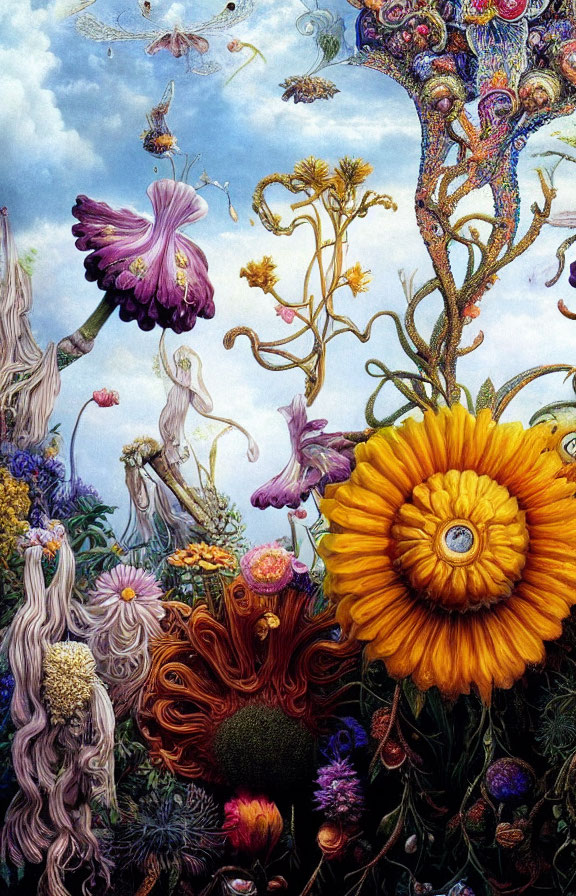 Colorful painting of whimsical plants, human-like flowers, and floating fairies