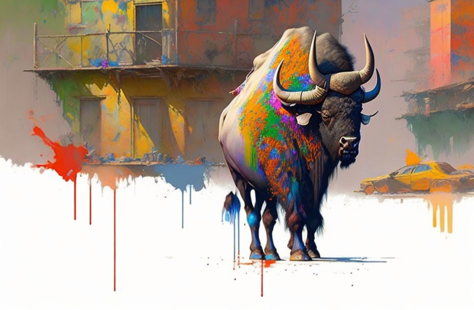 Colorful bison in front of vibrant, dilapidated buildings