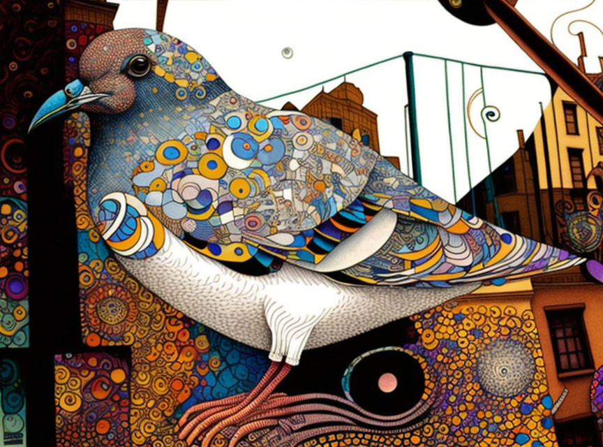 Colorful Artwork: Stylized Pigeon with Intricate Patterns on Abstract Urban Background