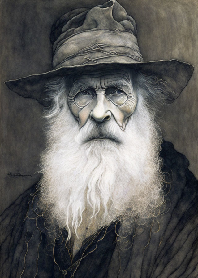 Elderly man with long white beard, round glasses, large-brimmed hat in sepia