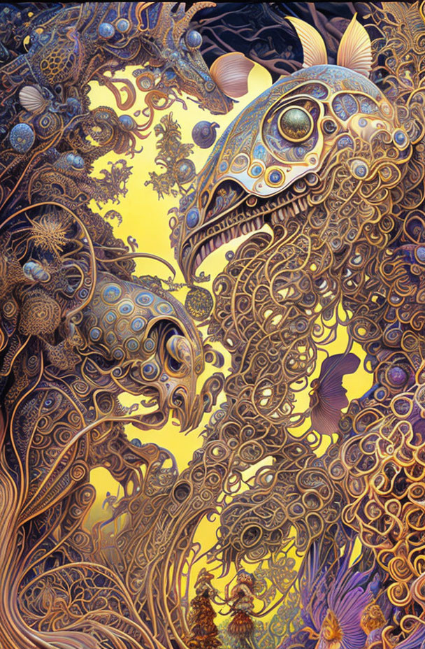 Intricate surreal artwork: Gold-toned mechanical fish on warm background