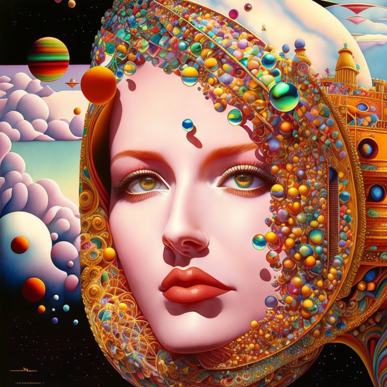 Colorful surreal portrait of a woman with bejeweled skin in fantasy landscape.