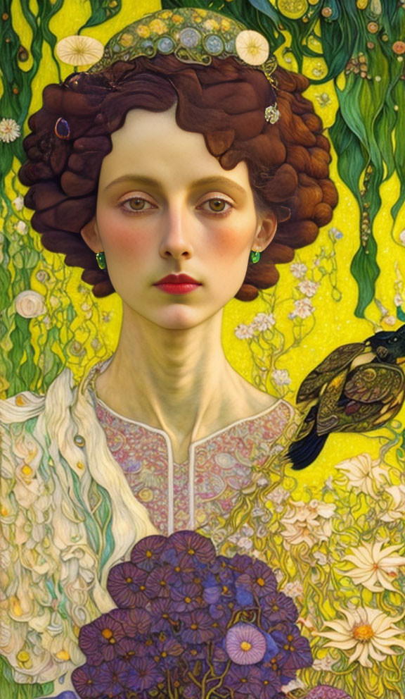 Stylized pre-Raphaelite portrait with ornate floral background and bird