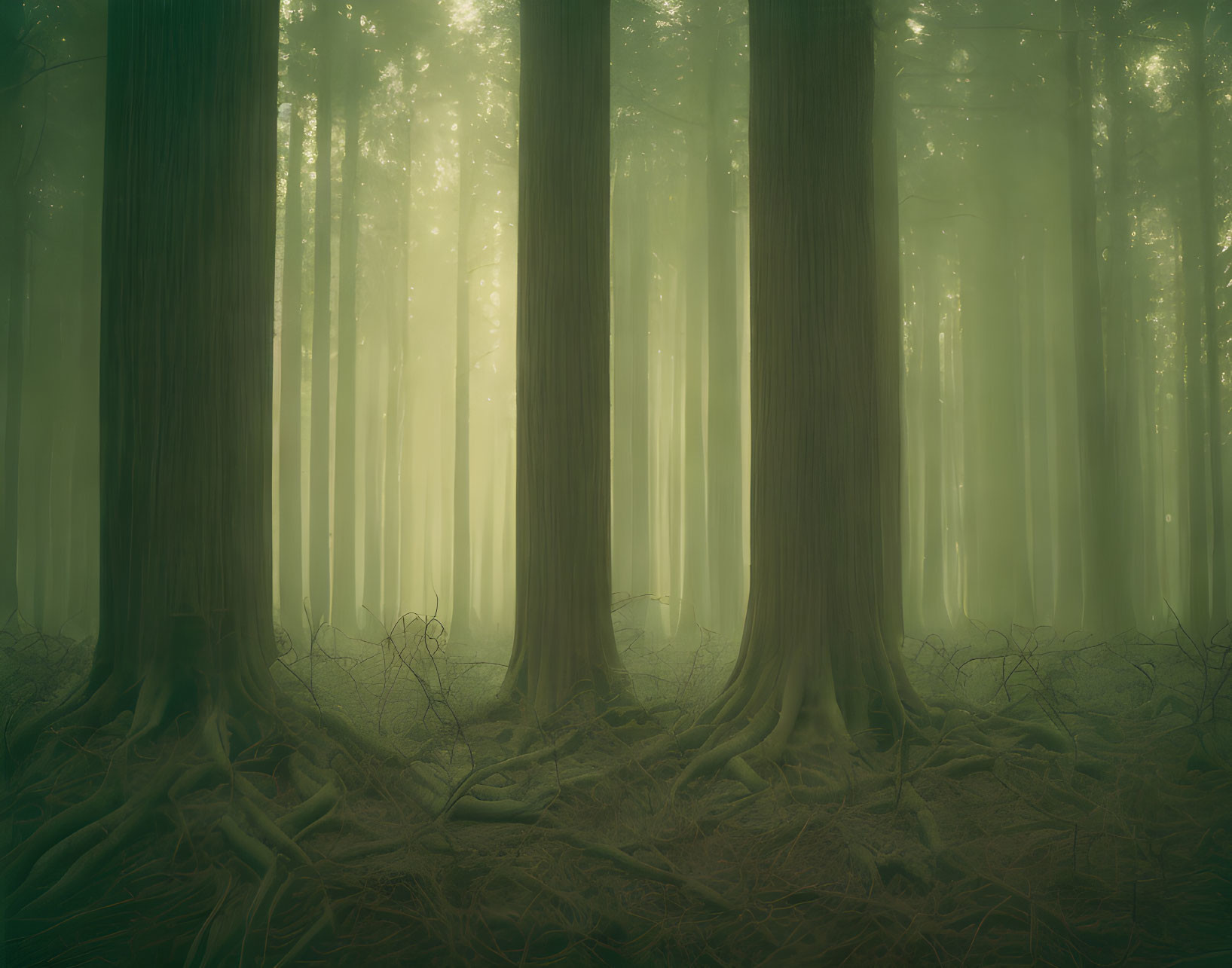 Lush forest scene with tall trees, ferns, and soft green light