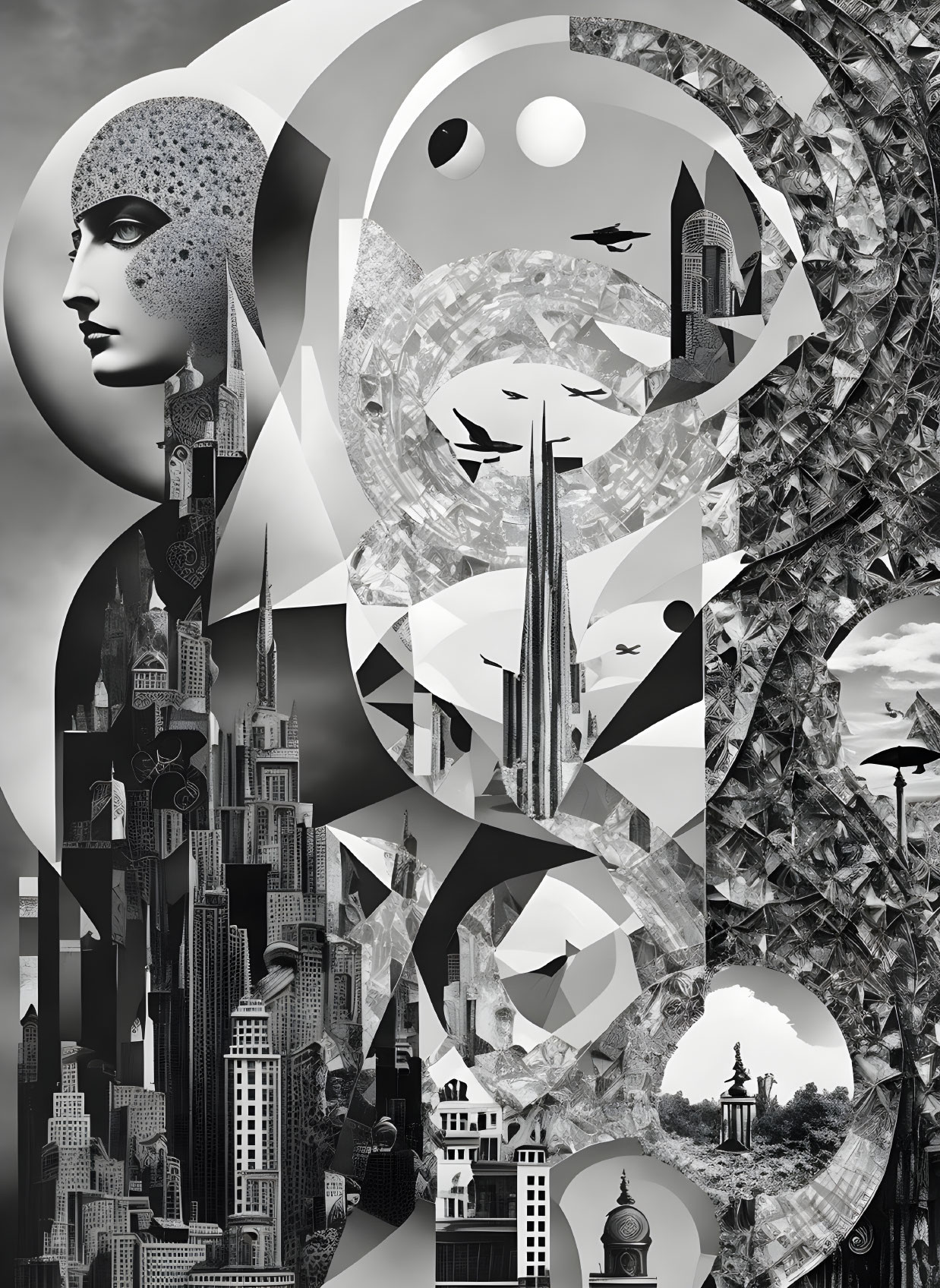 Surrealist monochrome artwork: female silhouette, cityscape, geometric shapes, birds, cloudy sky