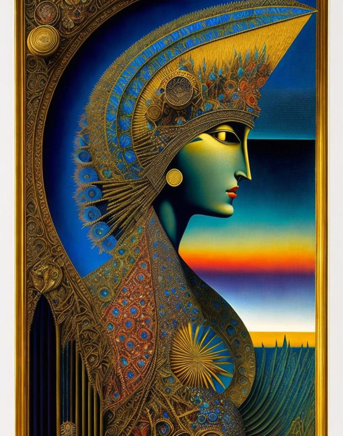 Stylized portrait of woman with decorative headdress in sunset ambiance