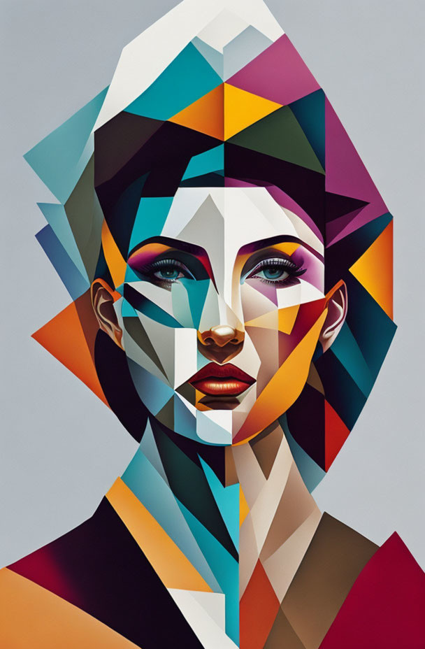 Vibrant geometric digital portrait of a woman with abstract shapes