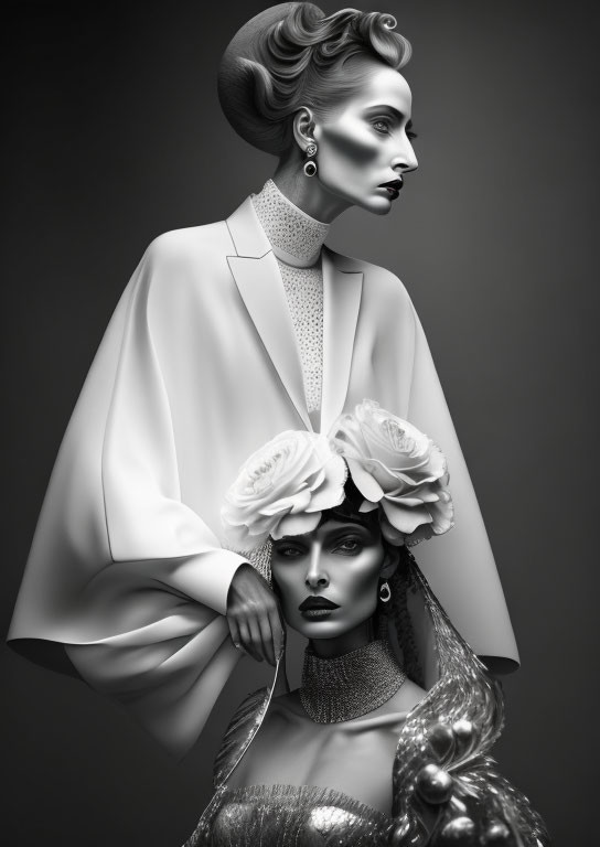 Monochrome image: Two models with dramatic makeup and hairstyles, one with flowers, the other in a