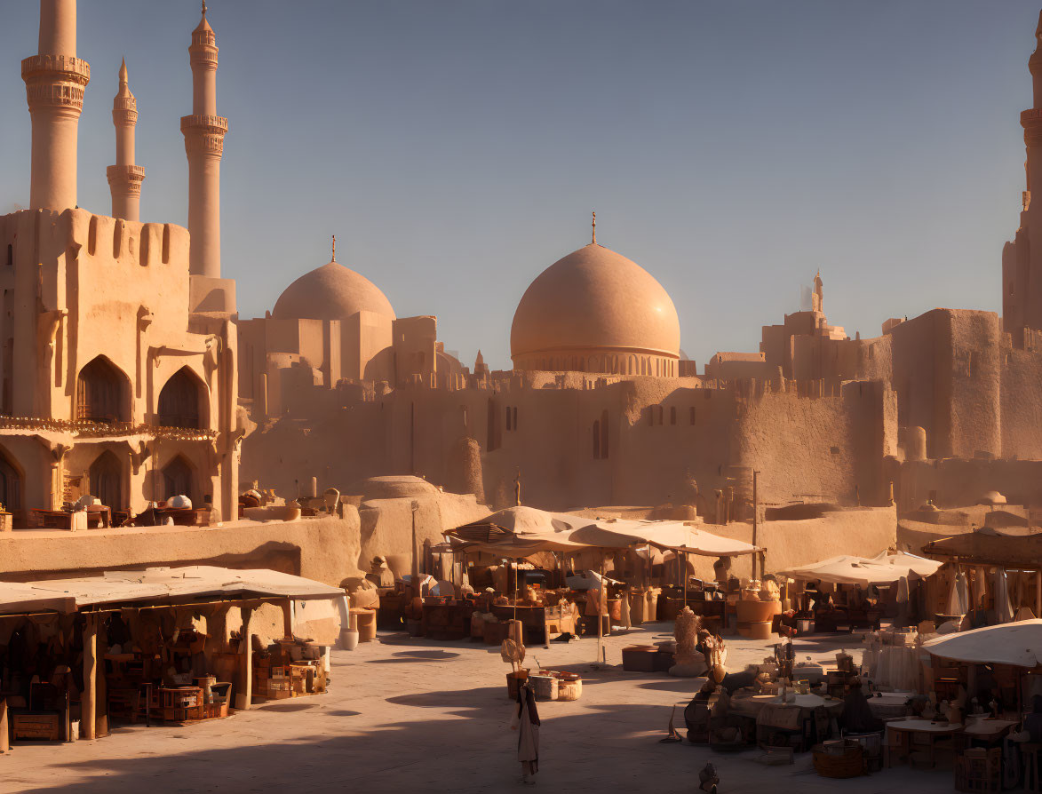 Middle Eastern market with traditional architecture and domes