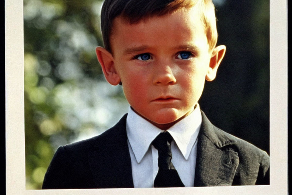 Young boy in black suit with white shirt and tie, blue eyes and combed hair.