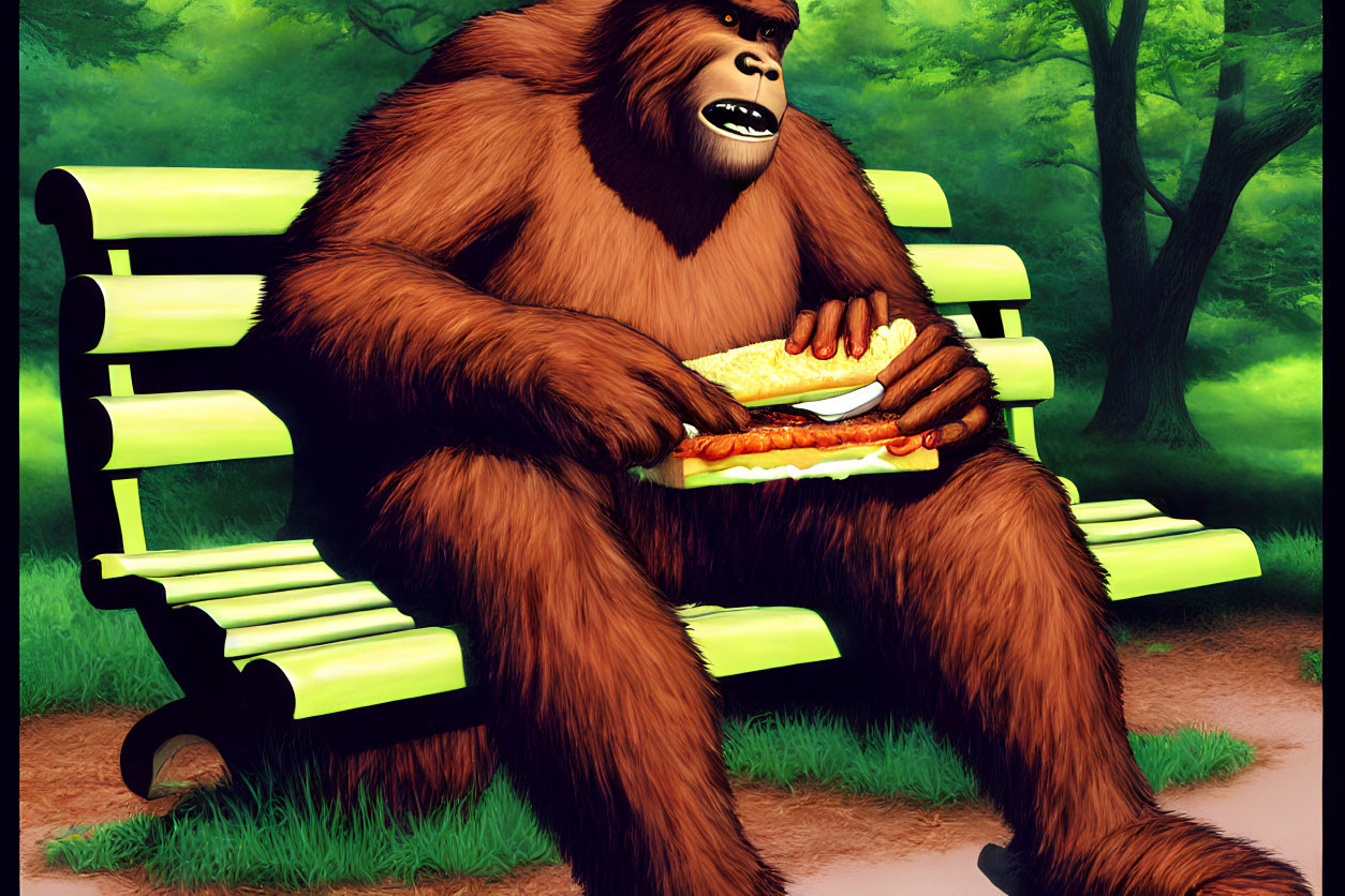 Illustrated gorilla with sandwich on park bench surrounded by greenery