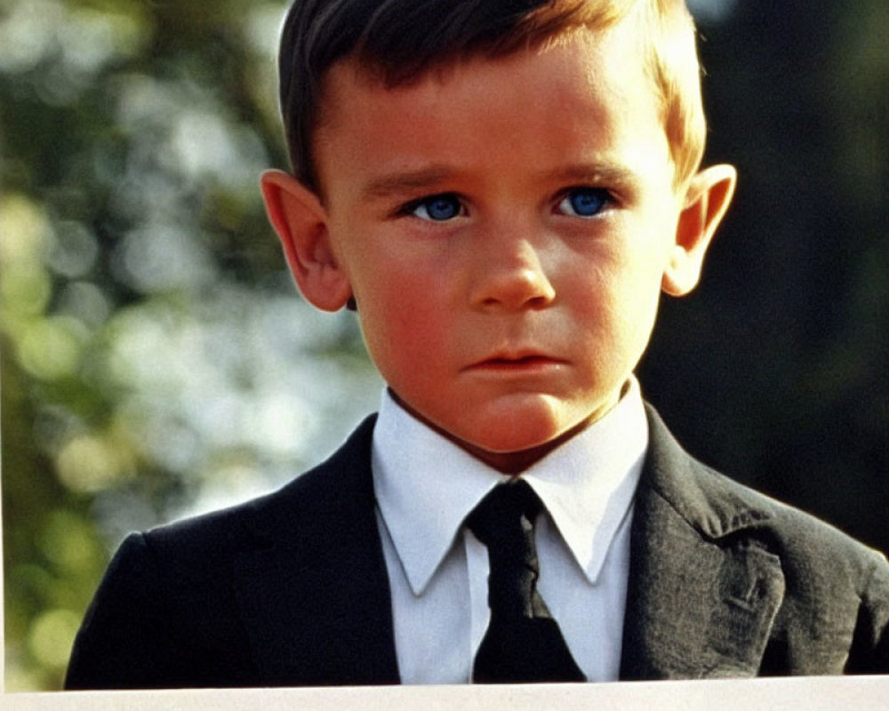 Young boy in black suit with white shirt and tie, blue eyes and combed hair.