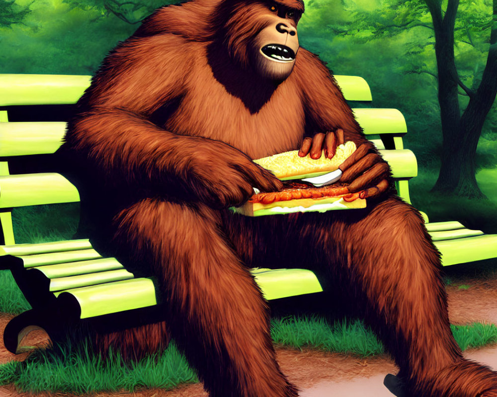 Illustrated gorilla with sandwich on park bench surrounded by greenery