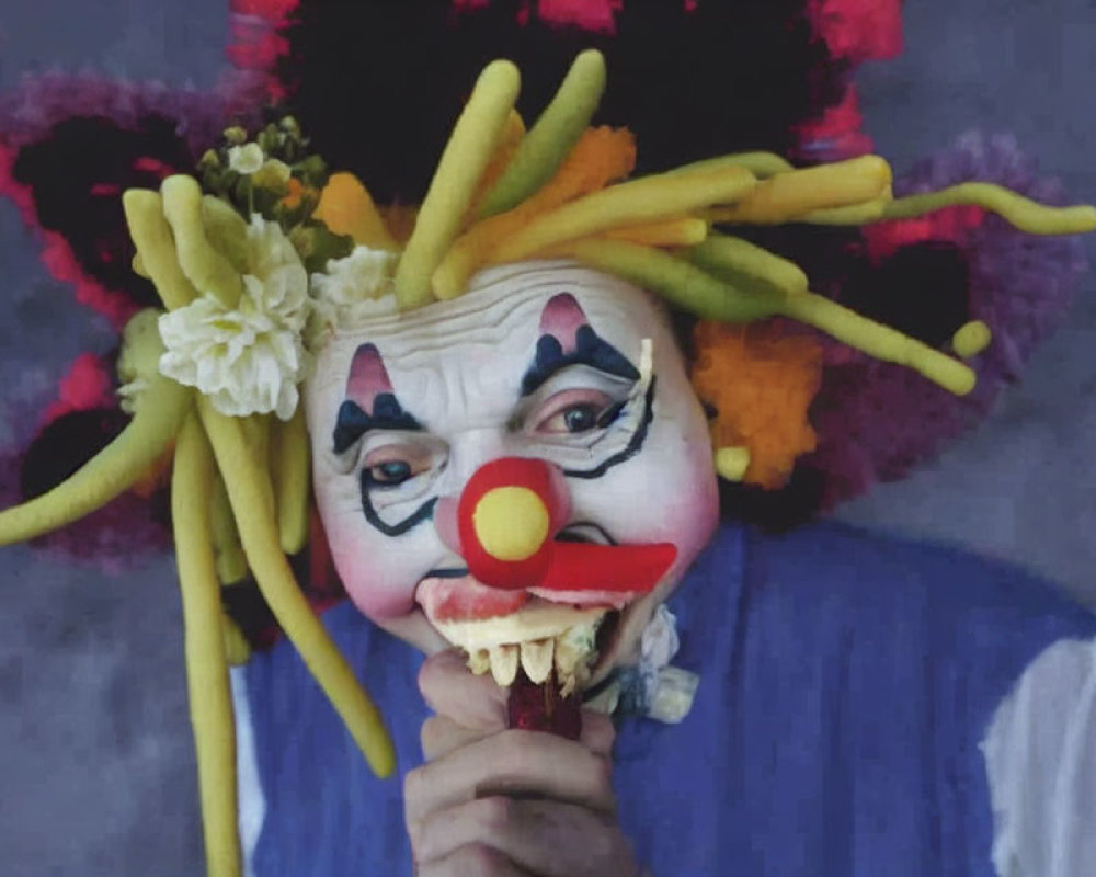 Clown in makeup and costume eating food with floral headpiece