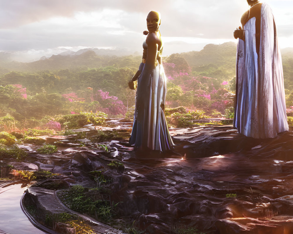 Futuristic humanoid figures in vibrant landscape with pink flora at sunrise