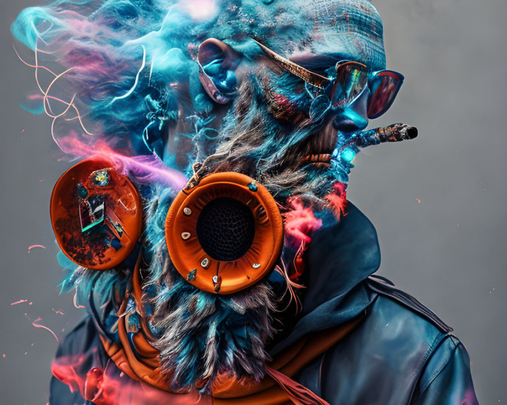 Vibrant smoke effects with sunglasses and headphones on grey background