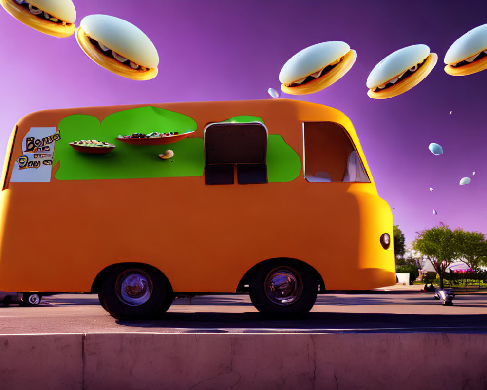 Whimsical orange food truck with flying burgers in urban setting