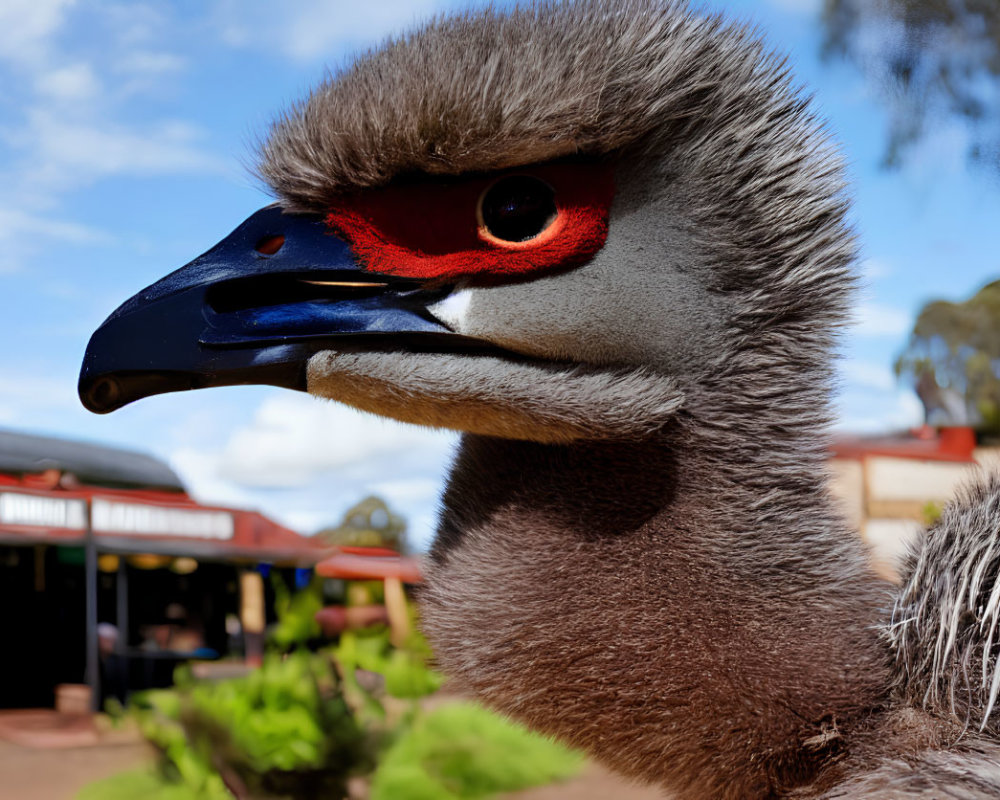 Detailed view of emu's blue neck, red eyes, and beak, with people in background