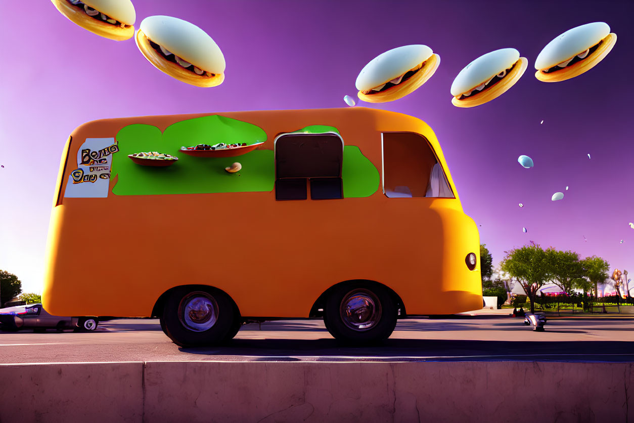 Whimsical orange food truck with flying burgers in urban setting