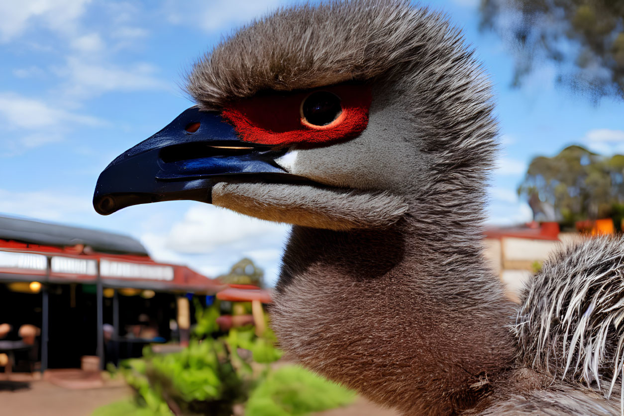 Detailed view of emu's blue neck, red eyes, and beak, with people in background