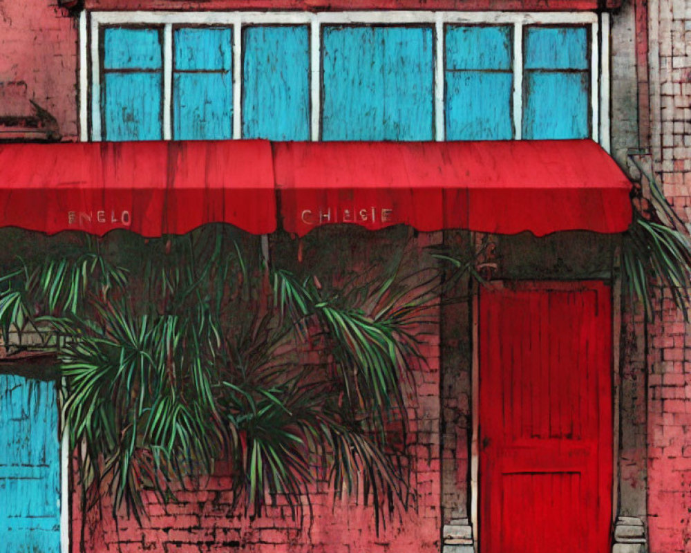 Weathered building with red awning, blue facade, red door, and green plants