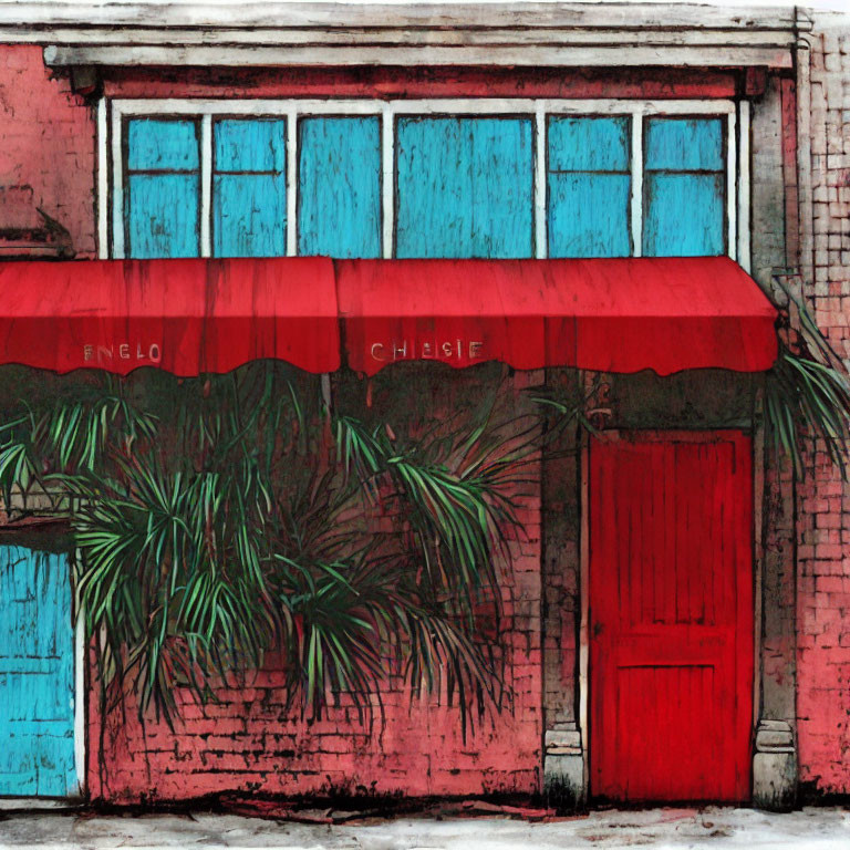 Weathered building with red awning, blue facade, red door, and green plants