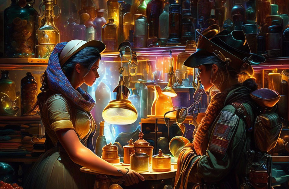 Two women in historical clothing share secretive glance in vibrant apothecary